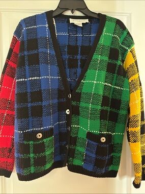 Adrienne Vittadini Multicolor Plaid Knit Cardigan - Blue Green Red Yellow